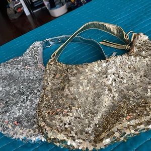 Sequin purses in silver and gold.